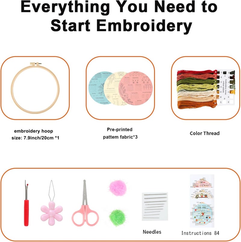 JOINRUN Beginner Embroidery Kit for Adults, 3 Pack Cross Stitch Kits with Pre-Printed Patterns, Threads, Needles, Learn Stitches with 7.8" Hoop, Video Tutorial, DIY Needlework Craft Gift for Women - Image 3